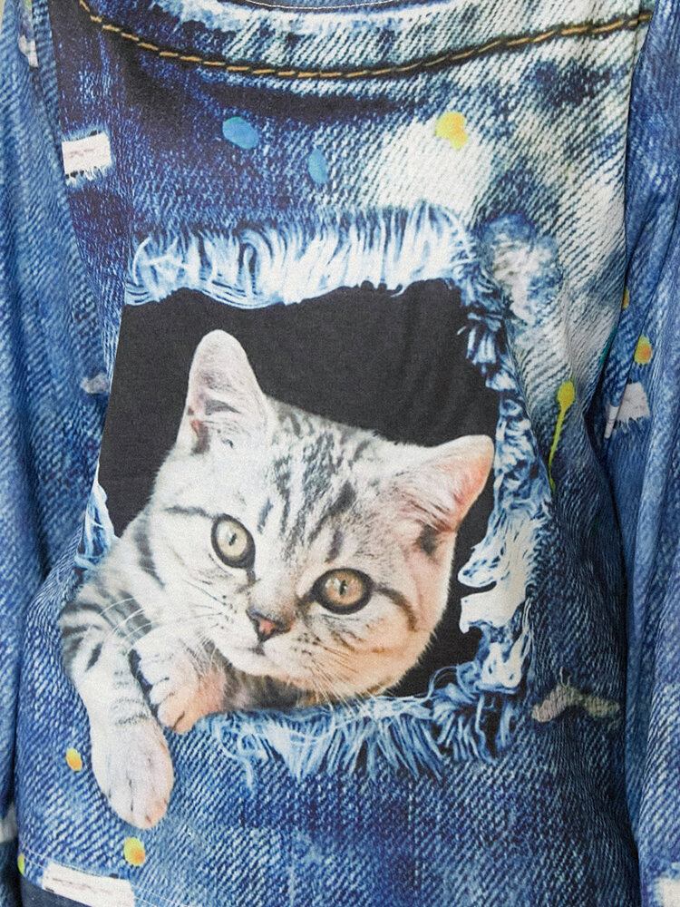 Kvinder Cat Print Rundhalset Casual Langærmede Bluser