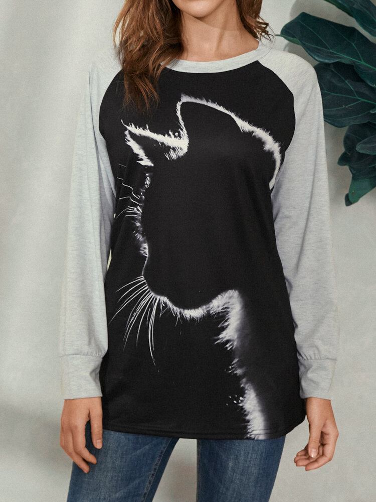 Kvinder Cat Print Rundhalset Casual Raglan-ærmede Bluser