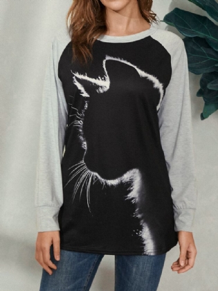 Kvinder Cat Print Rundhalset Casual Raglan-ærmede Bluser