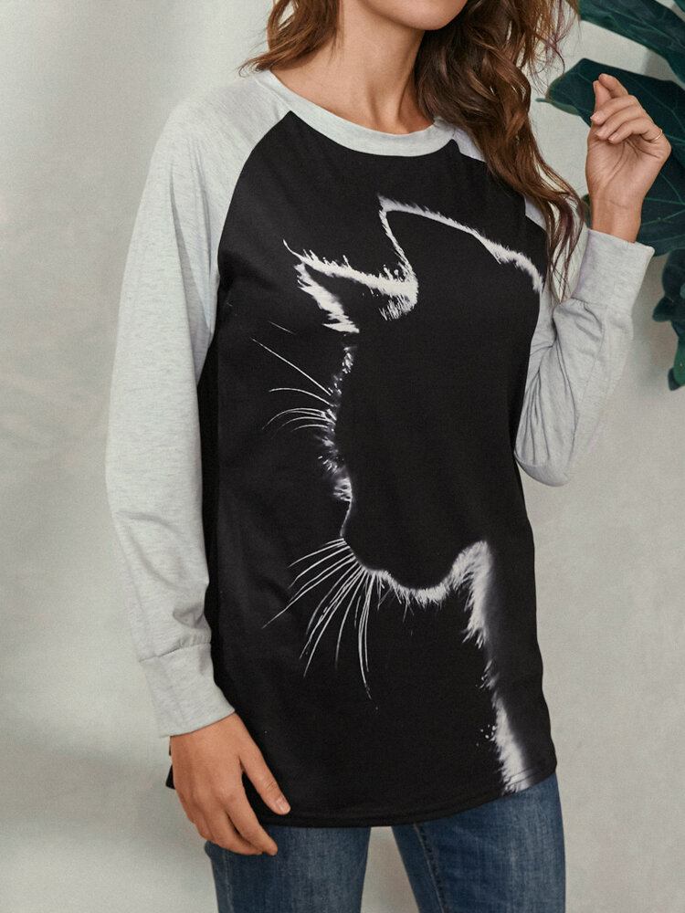 Kvinder Cat Print Rundhalset Casual Raglan-ærmede Bluser