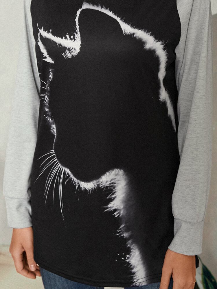 Kvinder Cat Print Rundhalset Casual Raglan-ærmede Bluser