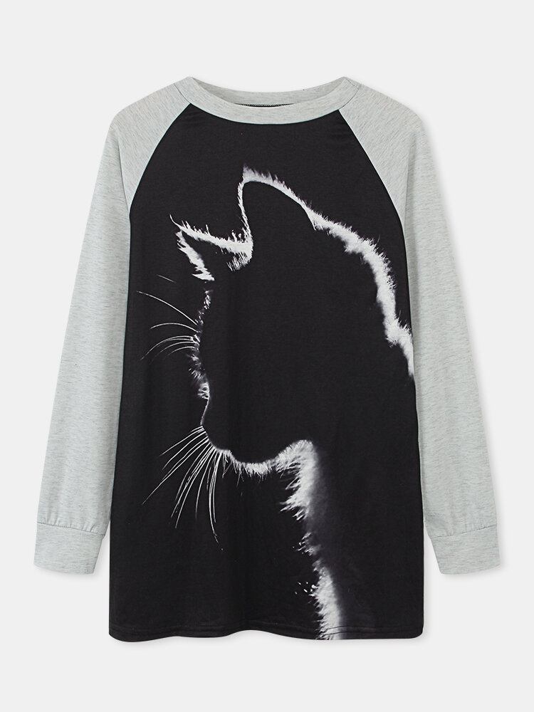 Kvinder Cat Print Rundhalset Casual Raglan-ærmede Bluser