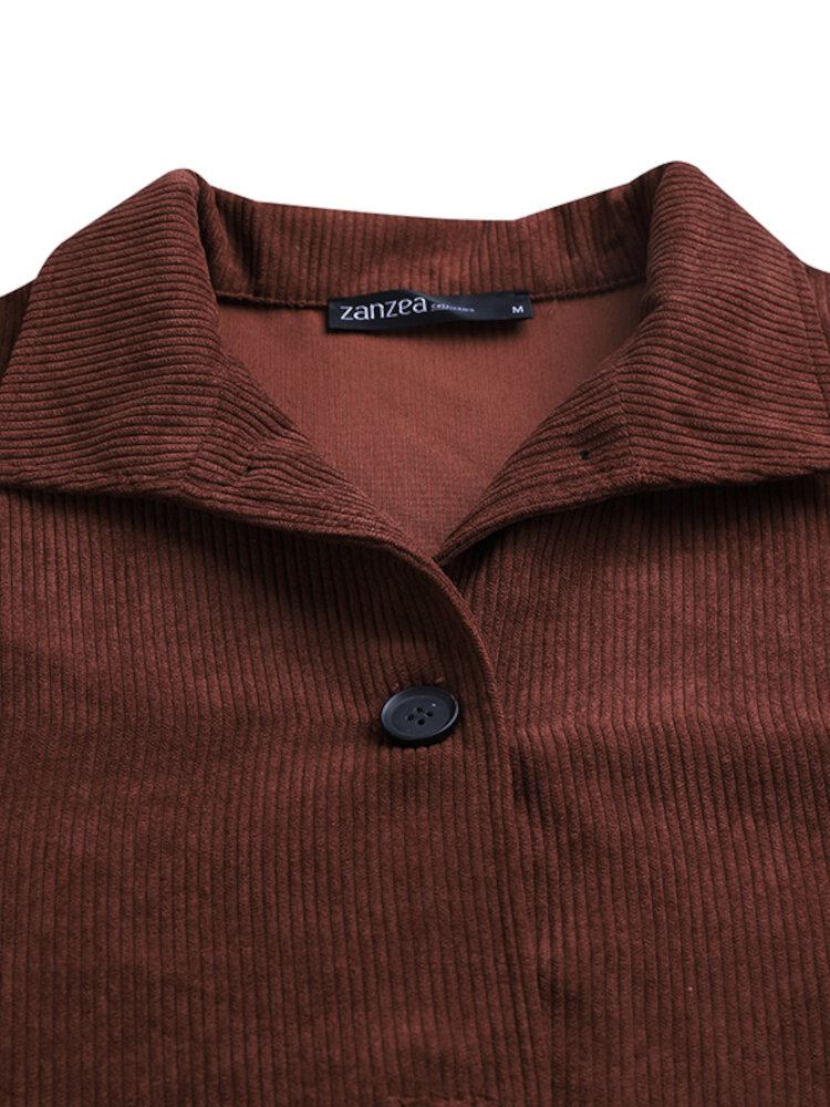 Kvinder Corduroy Ensfarvet Vintage Sidelommer Knapper Revers Langærmede Casual Skjorter