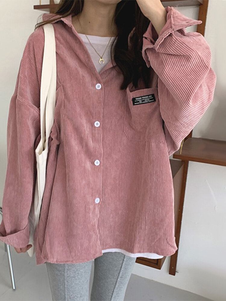 Kvinder Corduroy Tag Lomme Solid Button Down Front Reversbluse