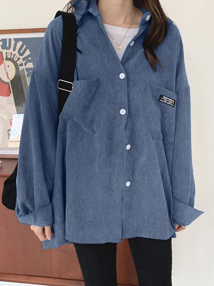 Kvinder Corduroy Tag Lomme Solid Button Down Front Reversbluse