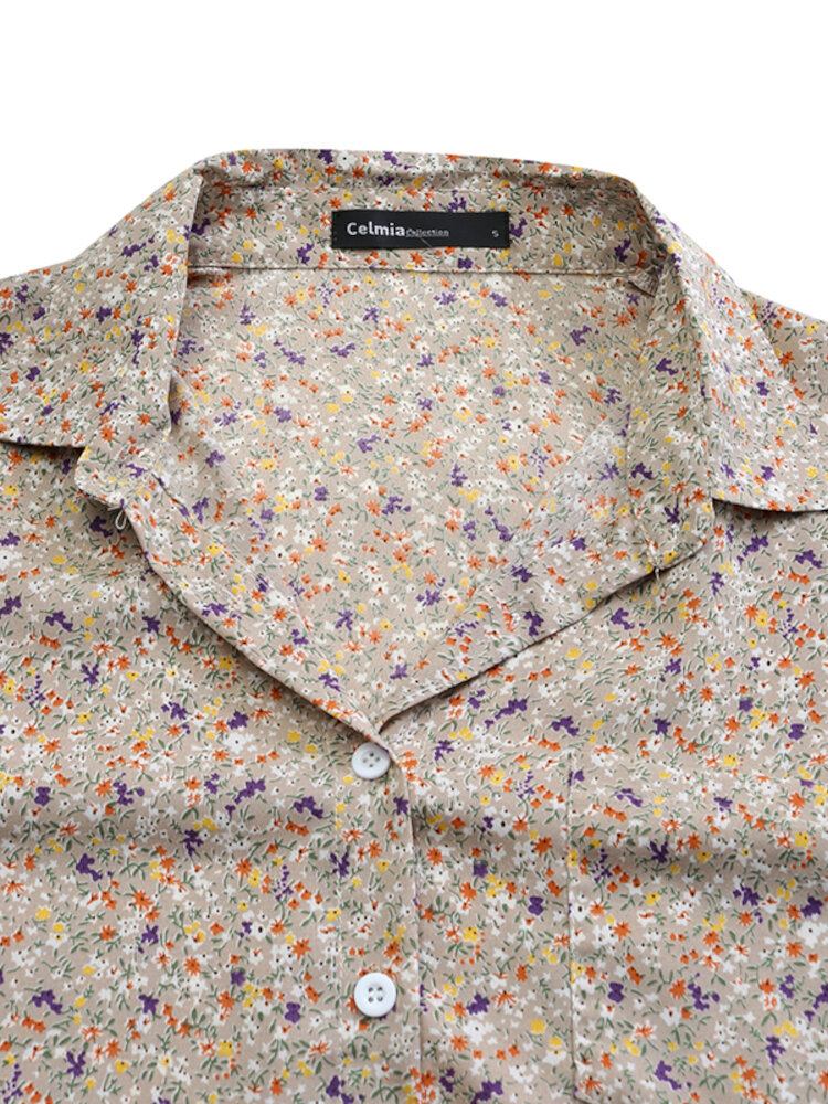 Kvinder Ditsy Blomsterprint Lapel Langærmede Casual Longline Skjorter