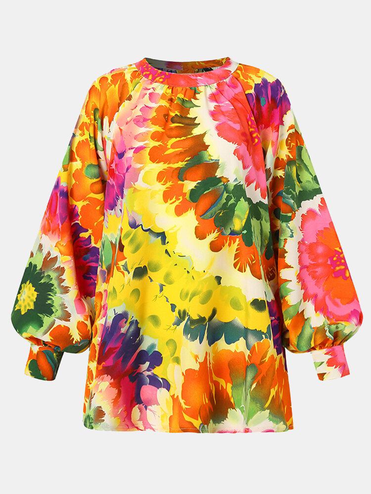 Kvinder Farverige Blomster Udskrivning Puff Sleeve Back Button Casual Bluse