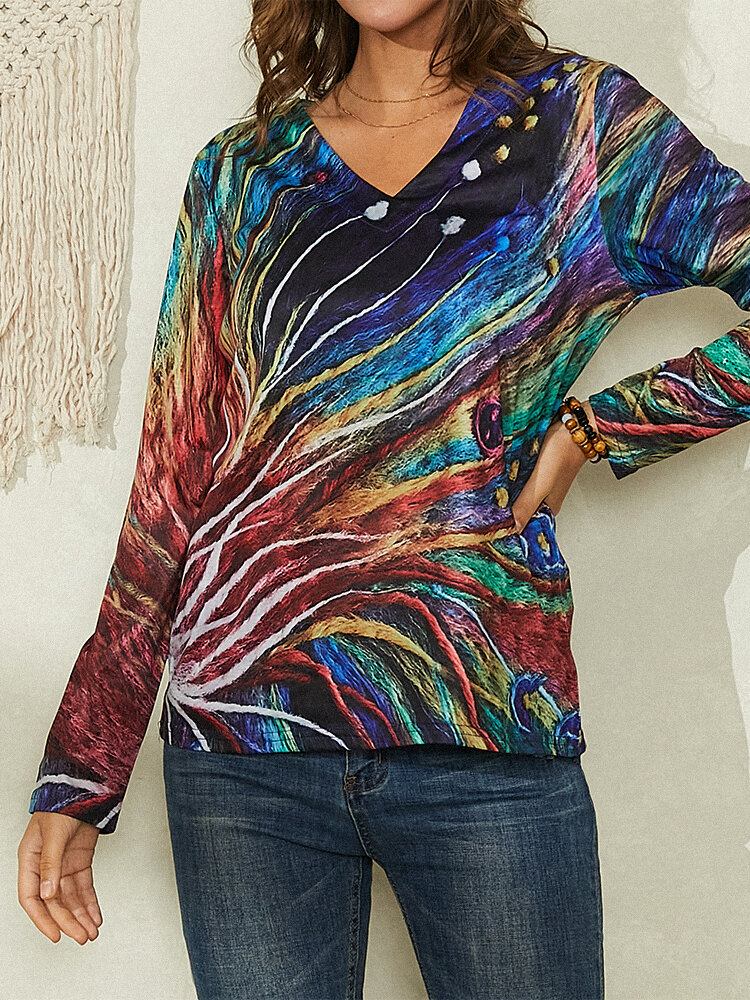 Kvinder Farverige Kunstlinjer Print V-hals Langærmet Casual Bluse