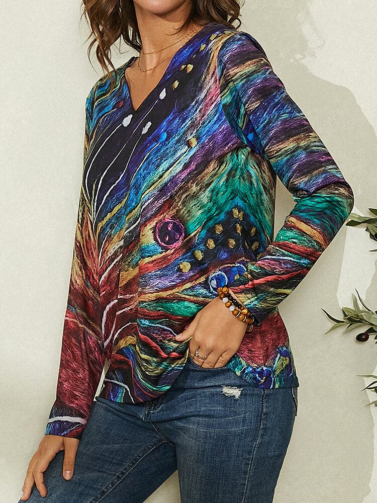 Kvinder Farverige Kunstlinjer Print V-hals Langærmet Casual Bluse