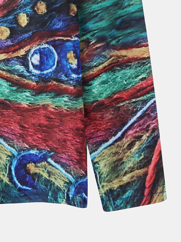 Kvinder Farverige Kunstlinjer Print V-hals Langærmet Casual Bluse