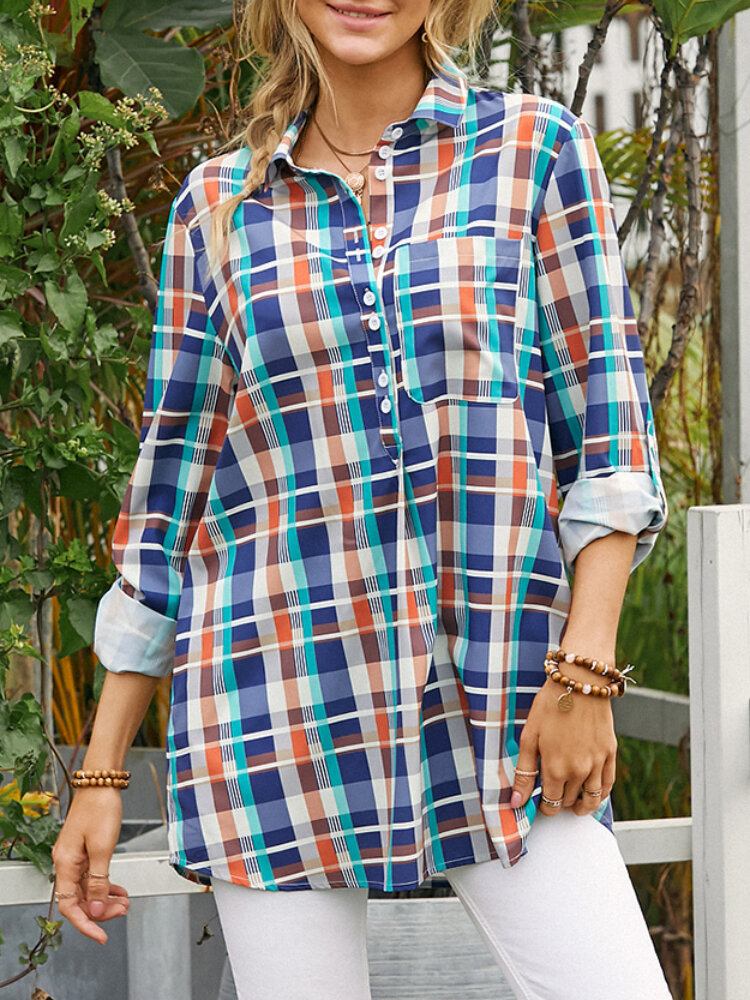 Kvinder Farverigt Plaid Print Brystlomme Revers Langærmet Casual Bluse