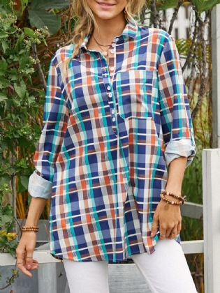 Kvinder Farverigt Plaid Print Brystlomme Revers Langærmet Casual Bluse