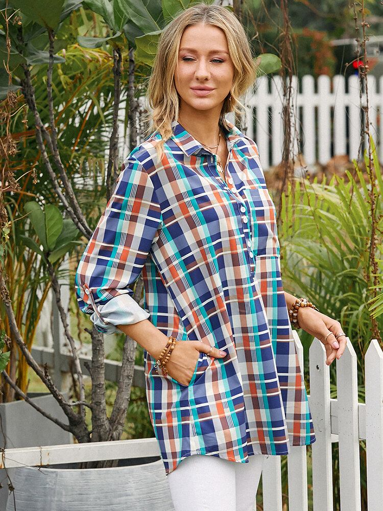 Kvinder Farverigt Plaid Print Brystlomme Revers Langærmet Casual Bluse