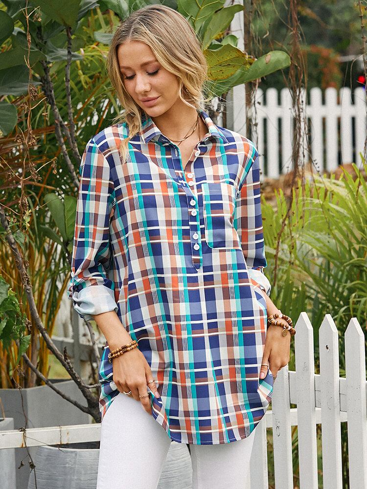 Kvinder Farverigt Plaid Print Brystlomme Revers Langærmet Casual Bluse