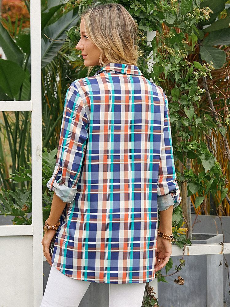 Kvinder Farverigt Plaid Print Brystlomme Revers Langærmet Casual Bluse