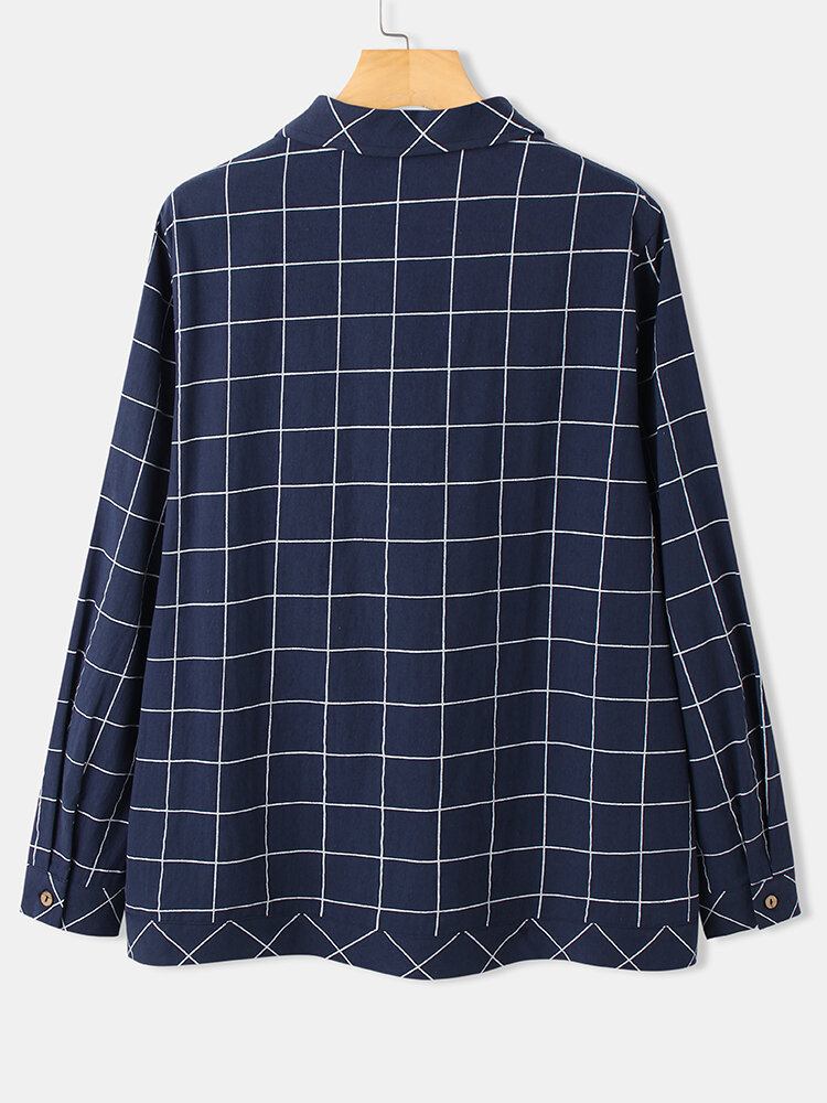 Kvinder Grid Button Up Lapel Casual Langærmede Skjorter