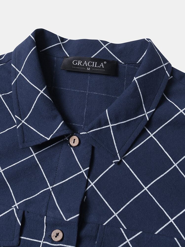 Kvinder Grid Button Up Lapel Casual Langærmede Skjorter