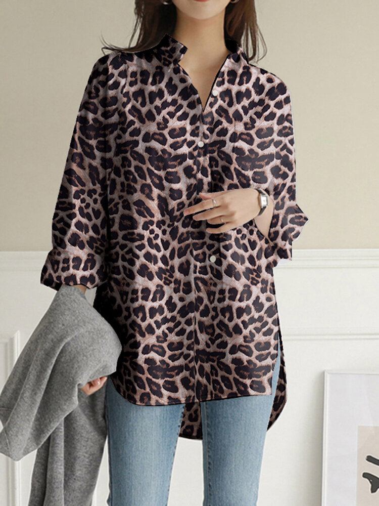 Kvinder Leopard Lapel Høj Lav Split Hem Løse Langærmede Bluser