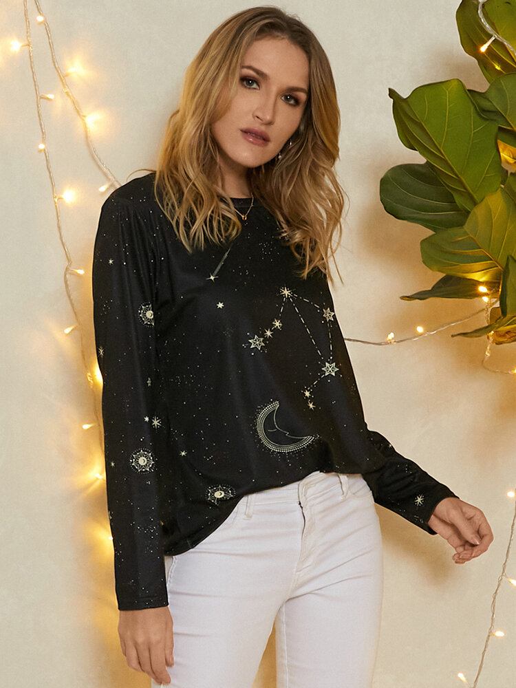 Kvinder Libra Celestial Print Rundhalset Casual Langærmede Bluser