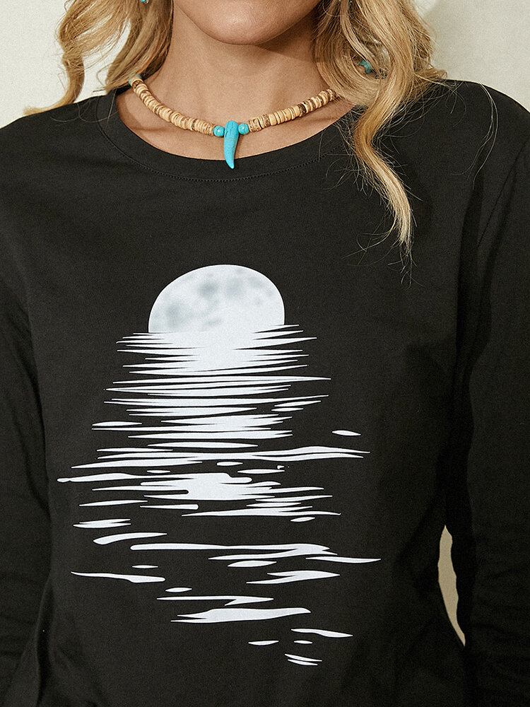 Kvinder Moon Print Rund Hals Langærmet Sort Bluse