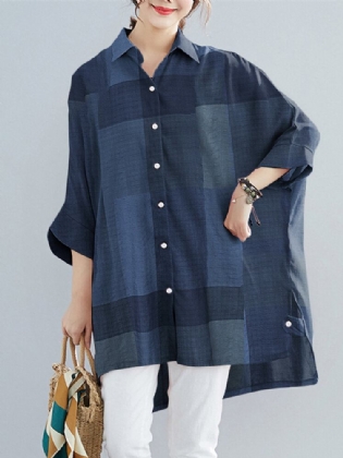 Kvinder Plaid Høj Lav Hem Brede Ærmer Button Down Front Skjorte