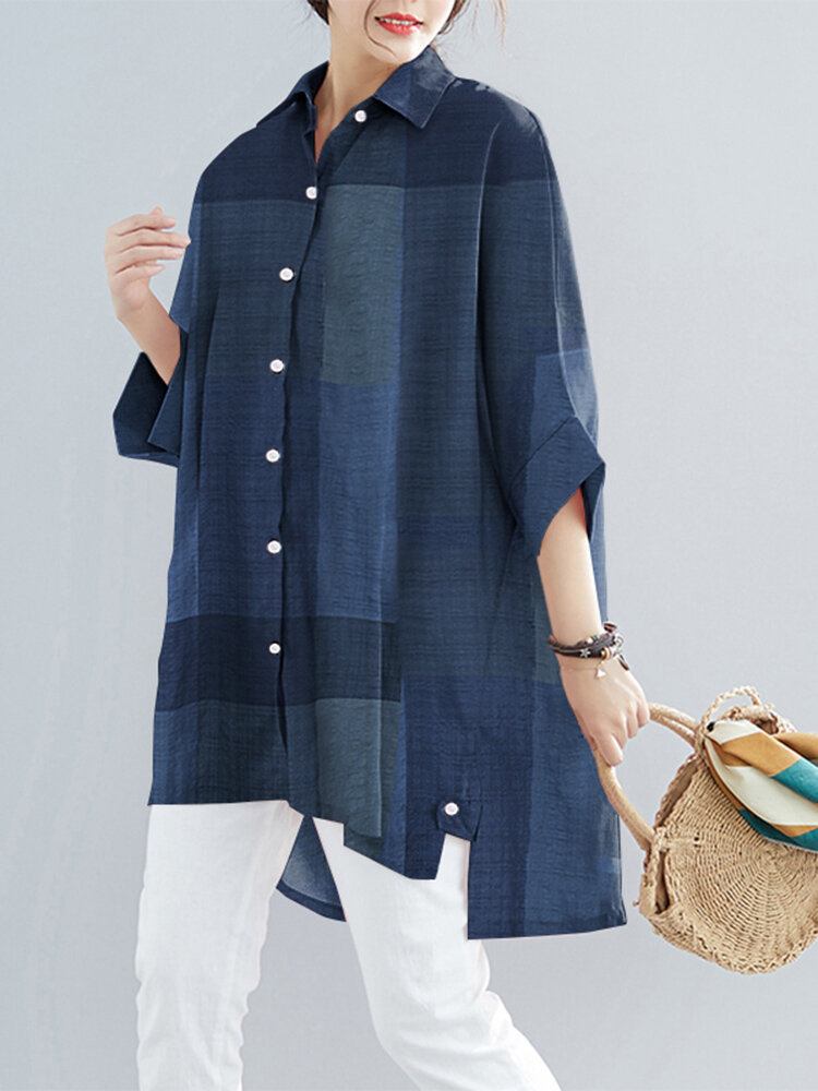 Kvinder Plaid Høj Lav Hem Brede Ærmer Button Down Front Skjorte