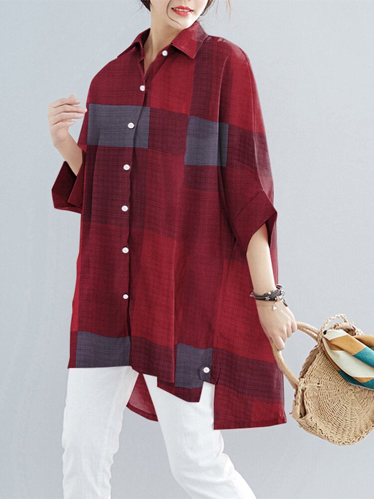 Kvinder Plaid Høj Lav Hem Brede Ærmer Button Down Front Skjorte