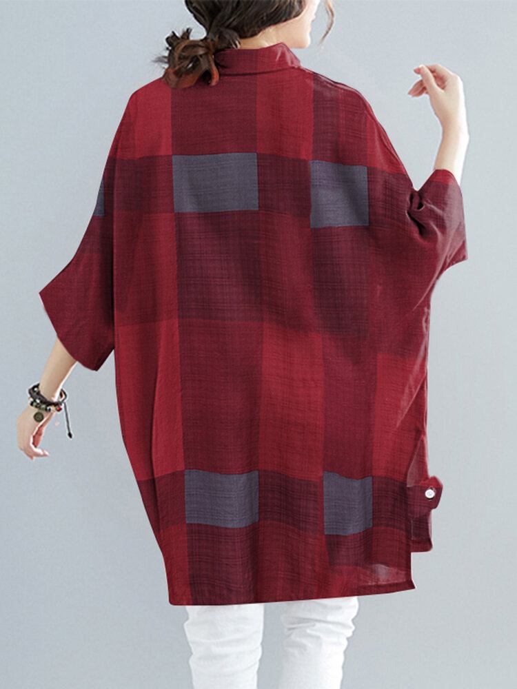 Kvinder Plaid Høj Lav Hem Brede Ærmer Button Down Front Skjorte