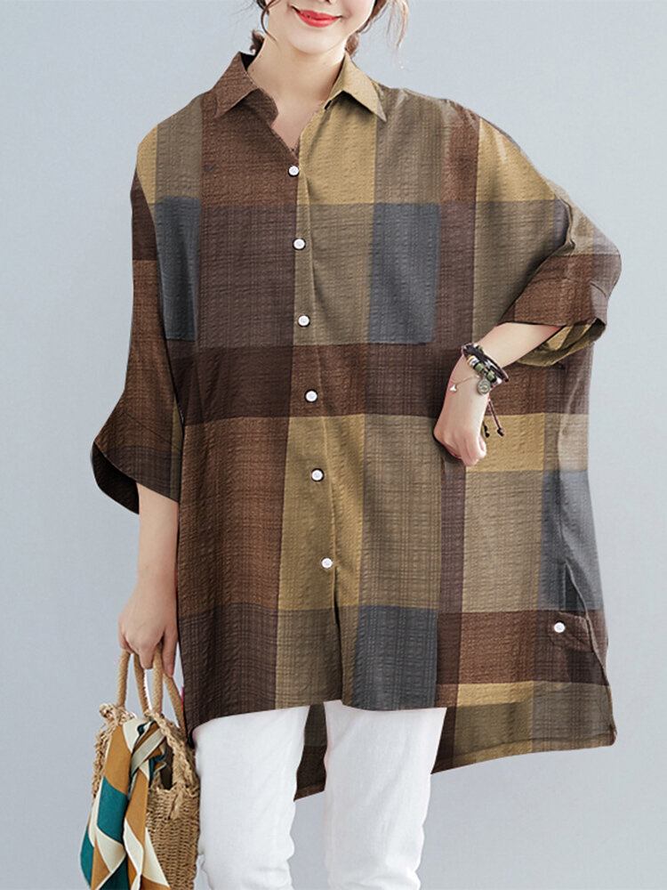 Kvinder Plaid Høj Lav Hem Brede Ærmer Button Down Front Skjorte