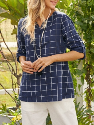 Kvinder Plaid Print V-hals Casual Button Manchetter Langærmet Bluse