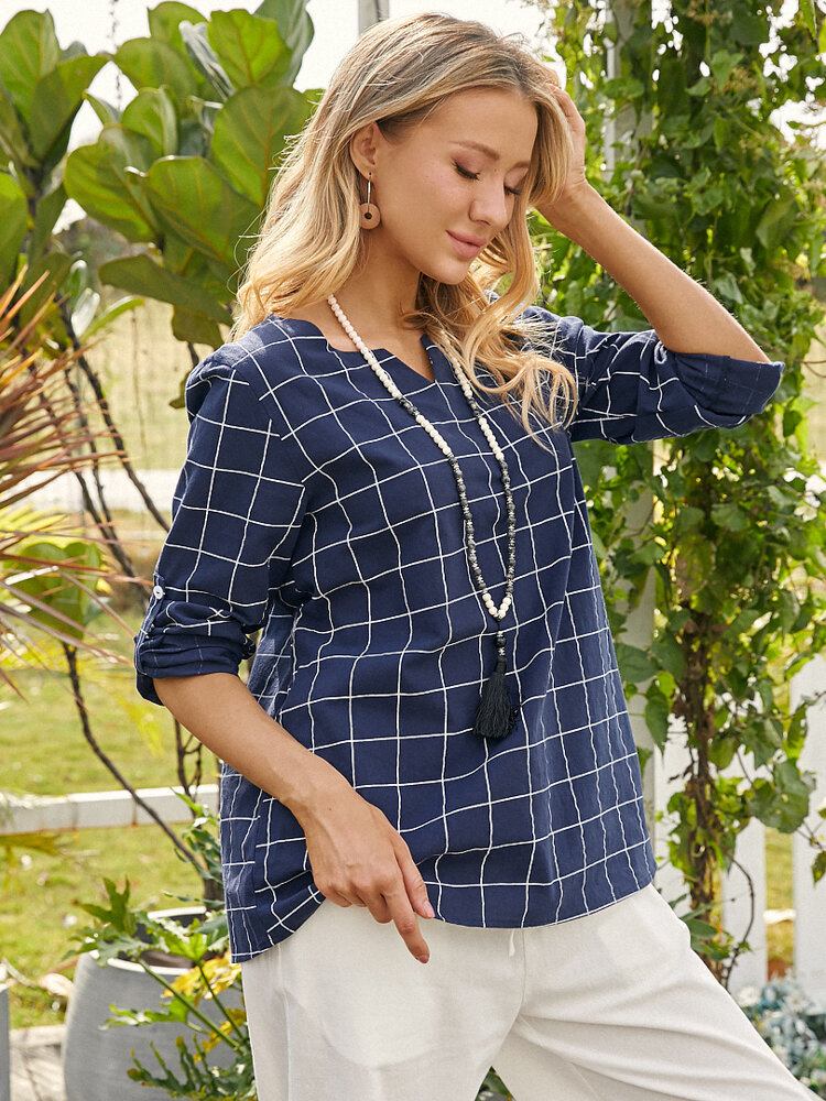 Kvinder Plaid Print V-hals Casual Button Manchetter Langærmet Bluse