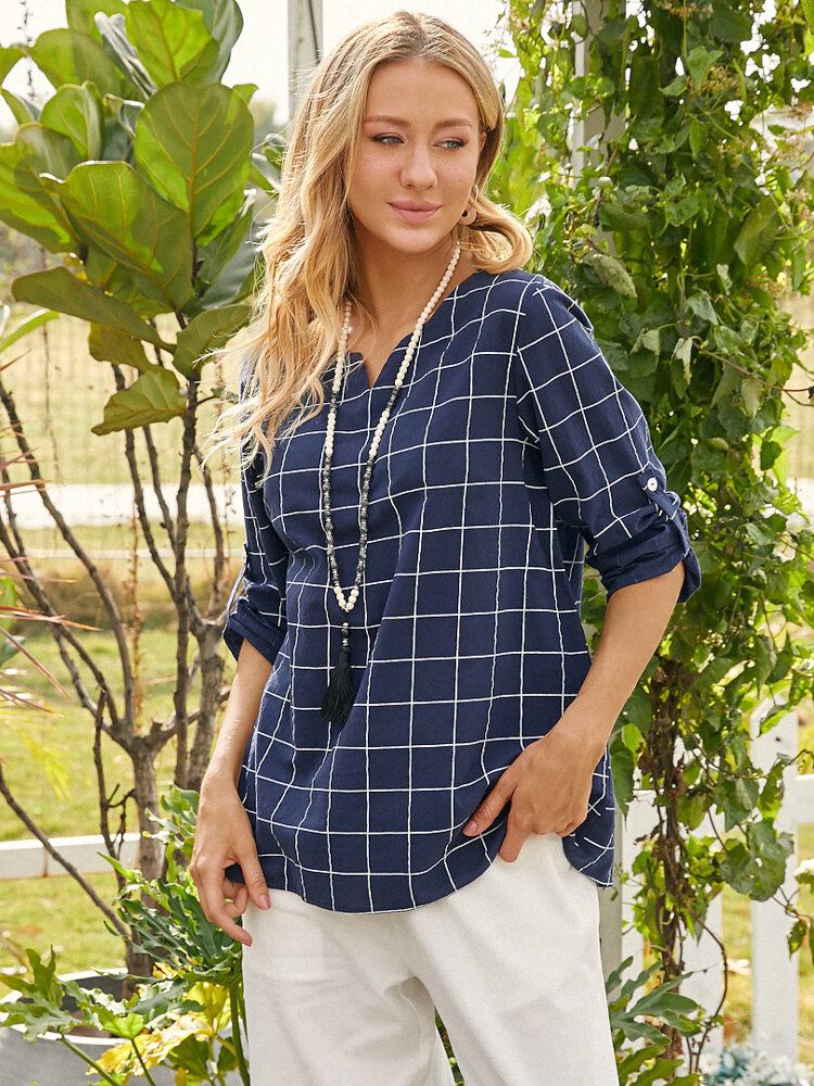 Kvinder Plaid Print V-hals Casual Button Manchetter Langærmet Bluse