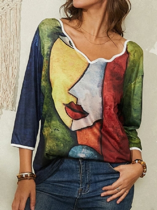 Kvinder Portræt Abstrakt Kunst Print Asymmetrisk Krave Casual Bluse