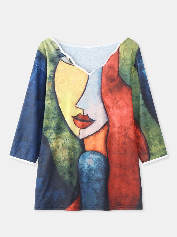 Kvinder Portræt Abstrakt Kunst Print Asymmetrisk Krave Casual Bluse