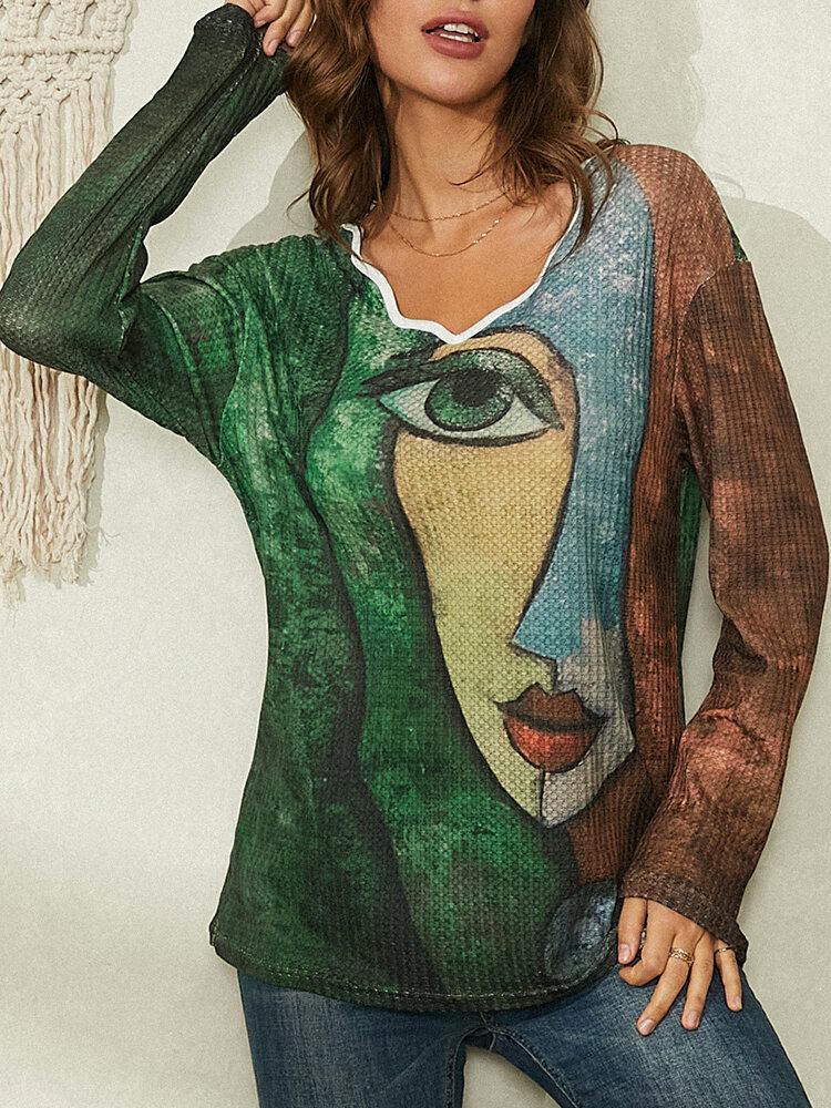 Kvinder Portræt Abstrakt Kunst Print Asymmetrisk Krave Langærmet Casual Bluse