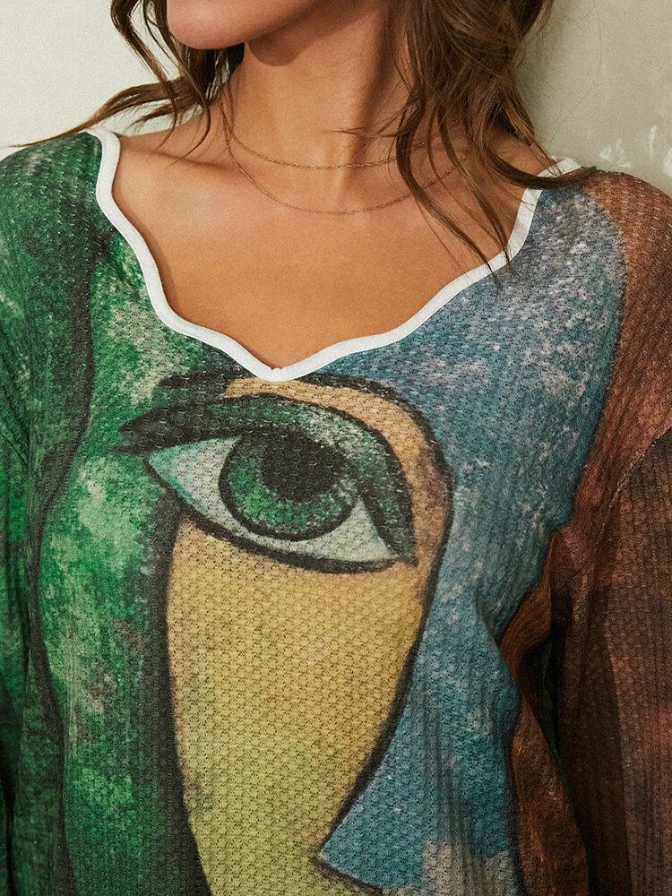 Kvinder Portræt Abstrakt Kunst Print Asymmetrisk Krave Langærmet Casual Bluse