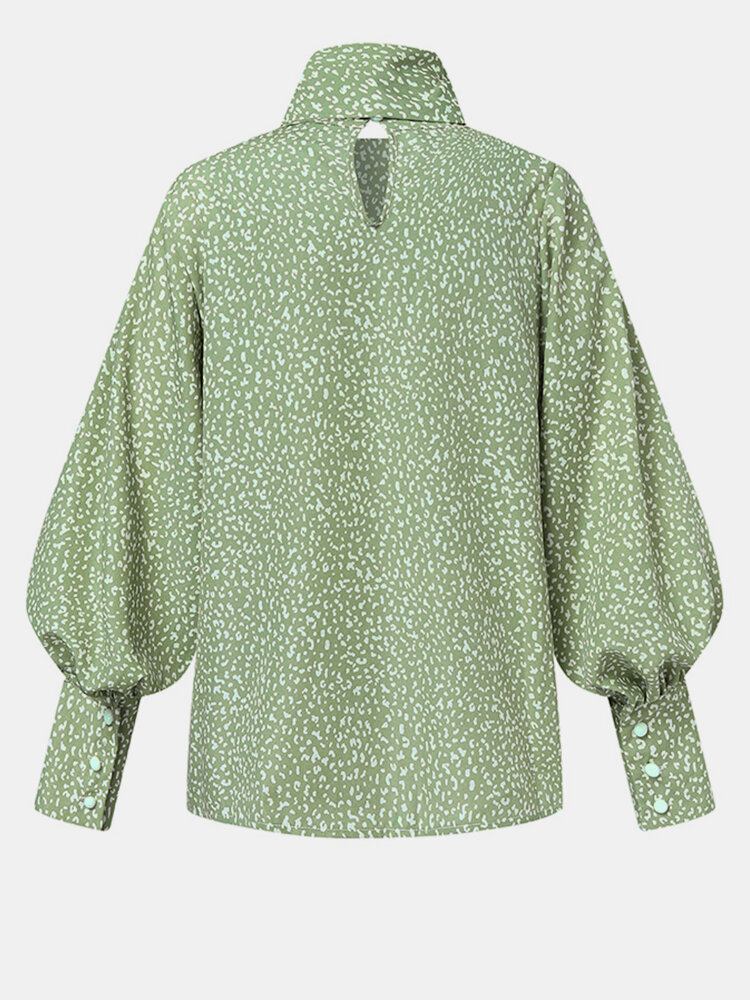 Kvinder Print Lantern Sleeve Sløjfekrave Høj Krave Casual Bluse