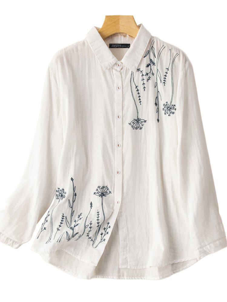 Kvinder Puff Sleeve Blomster Trykt Broderi Button Stand Collar Shirt