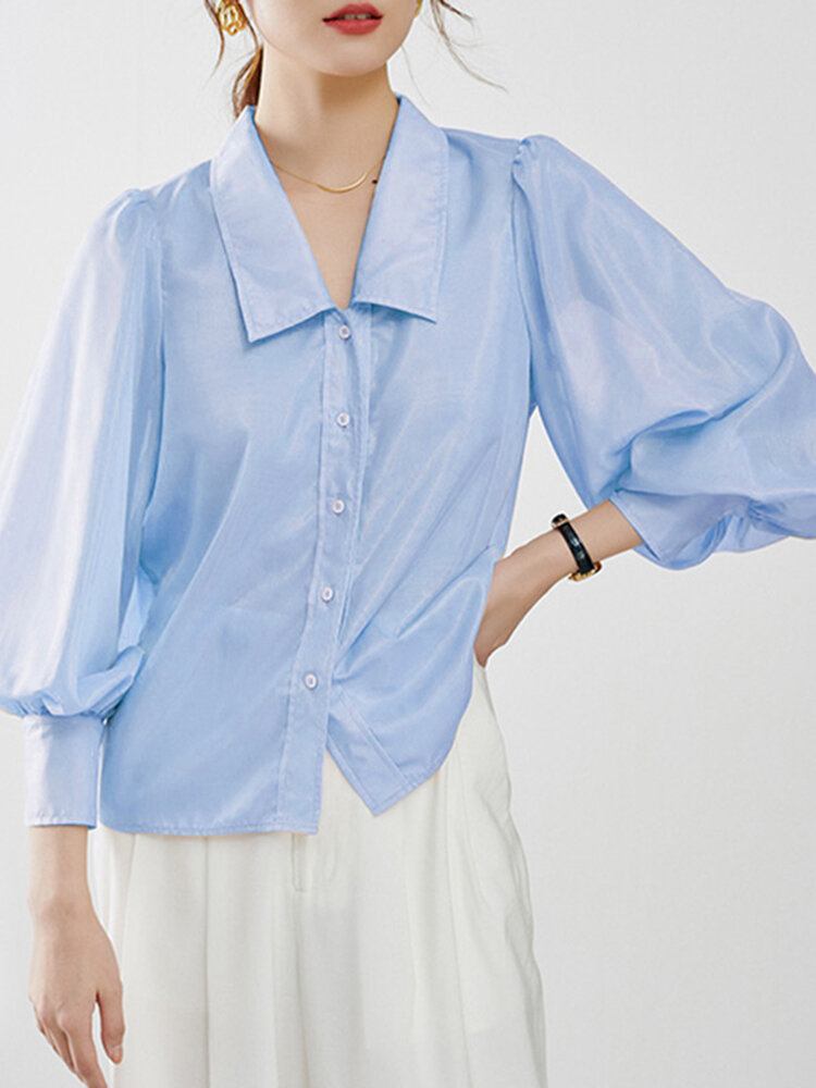 Kvinder Pure Color Button Up Lapel Puff Sleeve Casual Skjorter