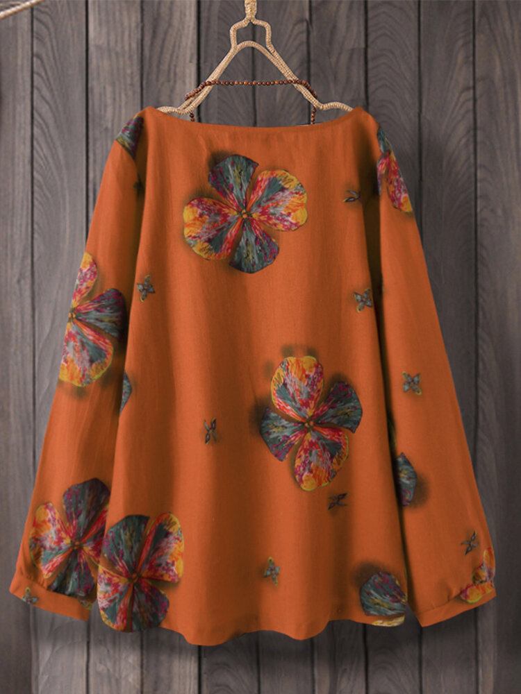 Kvinder Retro Bomuld Vintage Blomsterprint Rundhals Langærmet Bluse