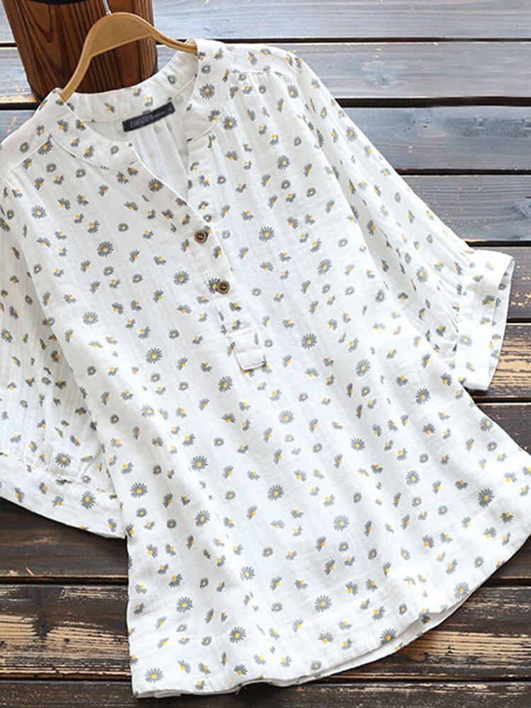 Kvinder Retro Daisy Print Halvknap Buet Kant Kortærmet Bluse