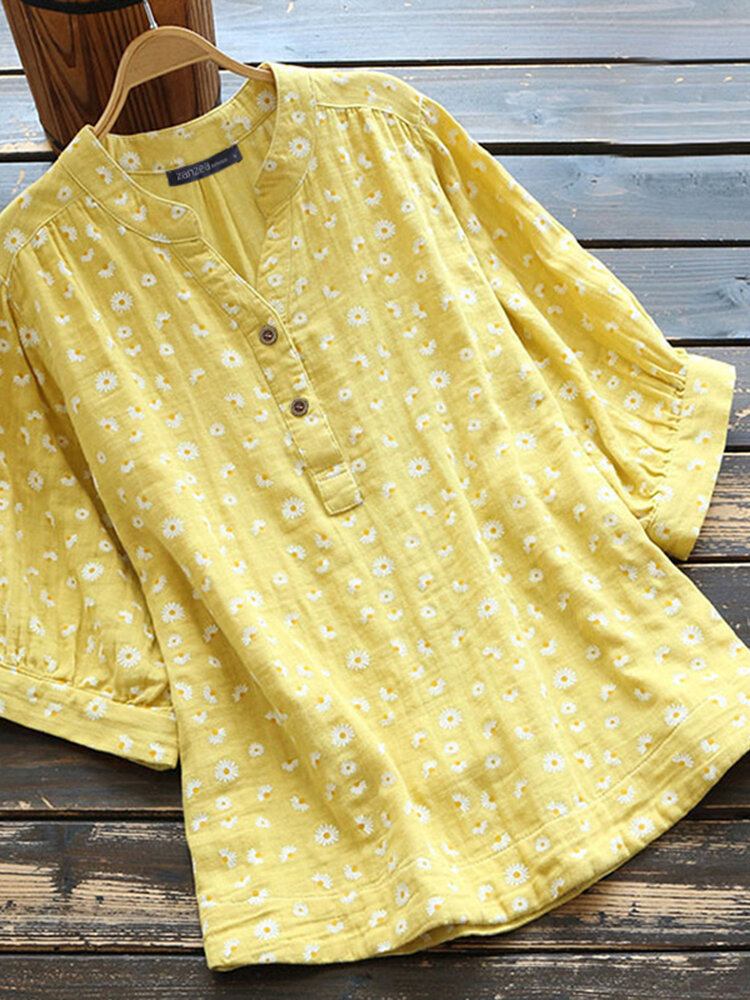 Kvinder Retro Daisy Print Halvknap Buet Kant Kortærmet Bluse