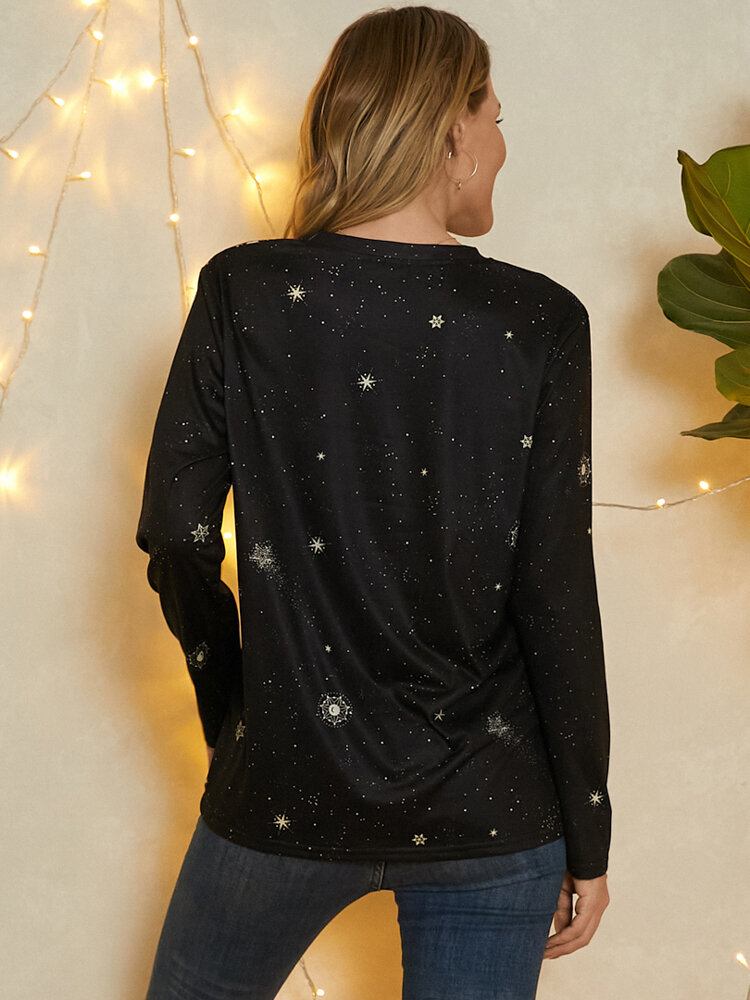 Kvinder Stenbukken Galaxy Print Rundhals Langærmet Casual Bluser