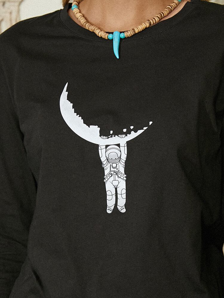 Kvinder Tegneserie Astronaut Print Langærmet Rundhalset Bluse