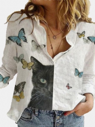 Kvinder Tegneserie Kat Butterfly Print Button Up Lapel Casual Langærmede Skjorter