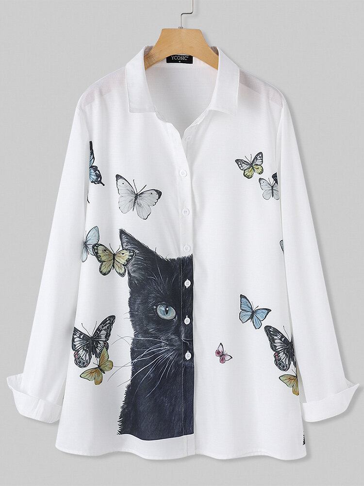 Kvinder Tegneserie Kat Butterfly Print Button Up Lapel Casual Langærmede Skjorter