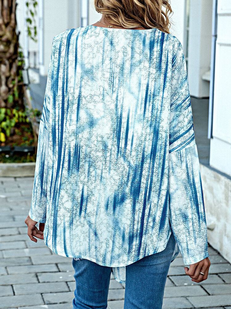 Kvinder Tie Dye Print Knotted Langærmet Casual Bluse