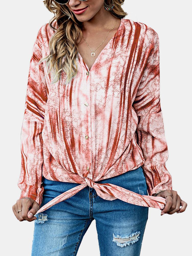 Kvinder Tie Dye Print Knotted Langærmet Casual Bluse