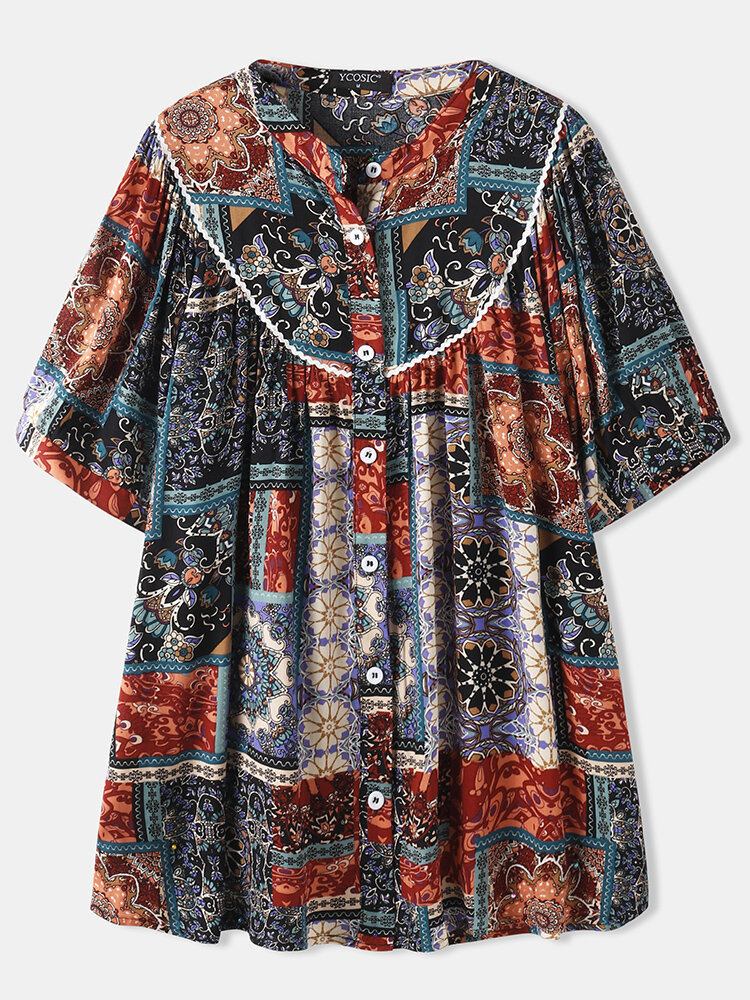 Kvinder Vintage Blandet Print Etnisk Stil Button Up Patchwork Kortærmet Bluse