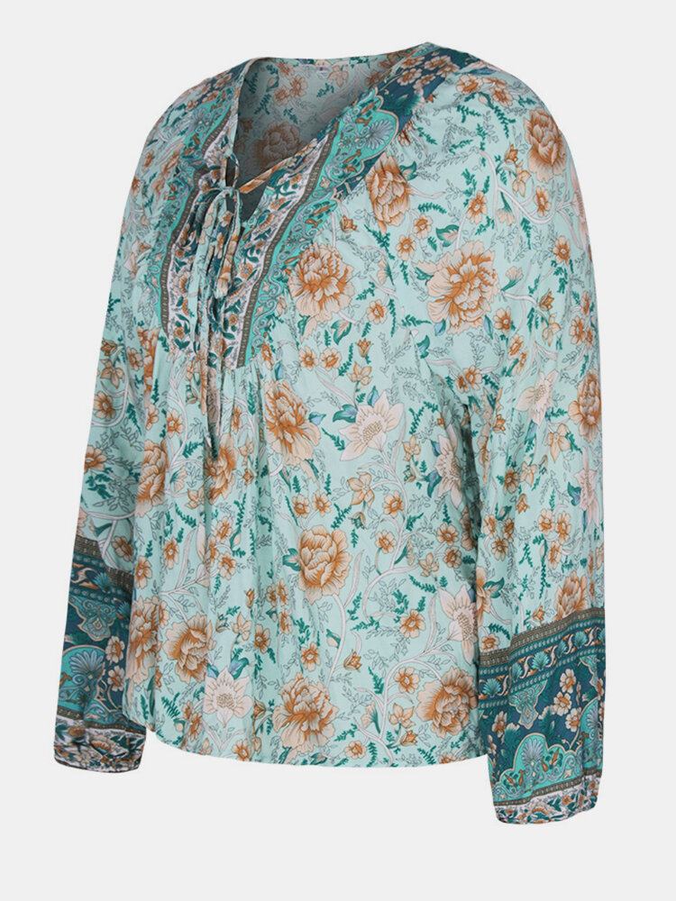 Kvinder Vintage Blomsterprint V-hals Holiday Langærmet Bluse